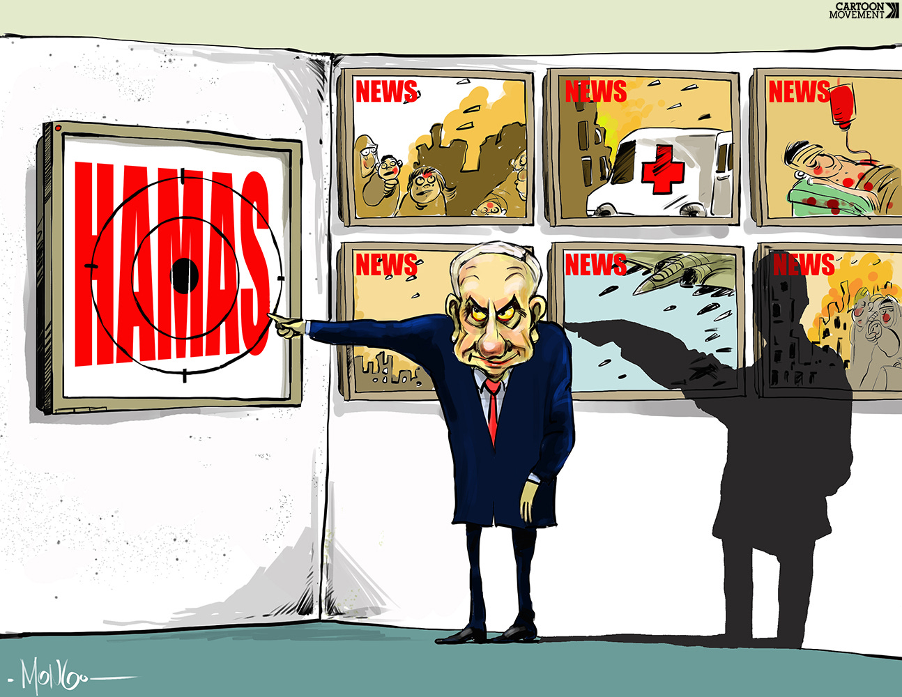 Cartoon showing Netanyahu joining a finger at Hamas while screens behind him show the destruction in Gaza. The shadow he casts makes up a figure that is pointing to him instead.