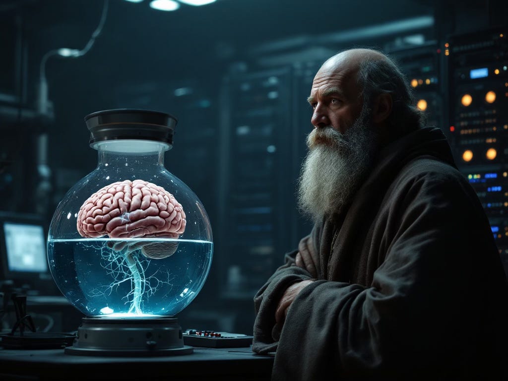 Picture of a bearded philosopher in a lab contemplating a brain in a vat with a large computer in the background