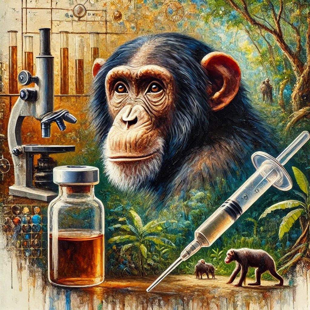 An abstract oil painting focusing on the connection between chimpanzees and the oral polio vaccine. The artwork depicts a chimpanzee in the foreground, symbolizing its involvement in vaccine research, with a dropper of oral vaccine prominently featured nearby. The background includes subtle laboratory elements, such as microscopes and test tubes, blending into lush tropical forest imagery to represent the setting where vaccine trials occurred. The painting uses bold, textured brushstrokes with a mix of earthy tones and bright highlights to evoke the ethical and scientific complexities of the subject.