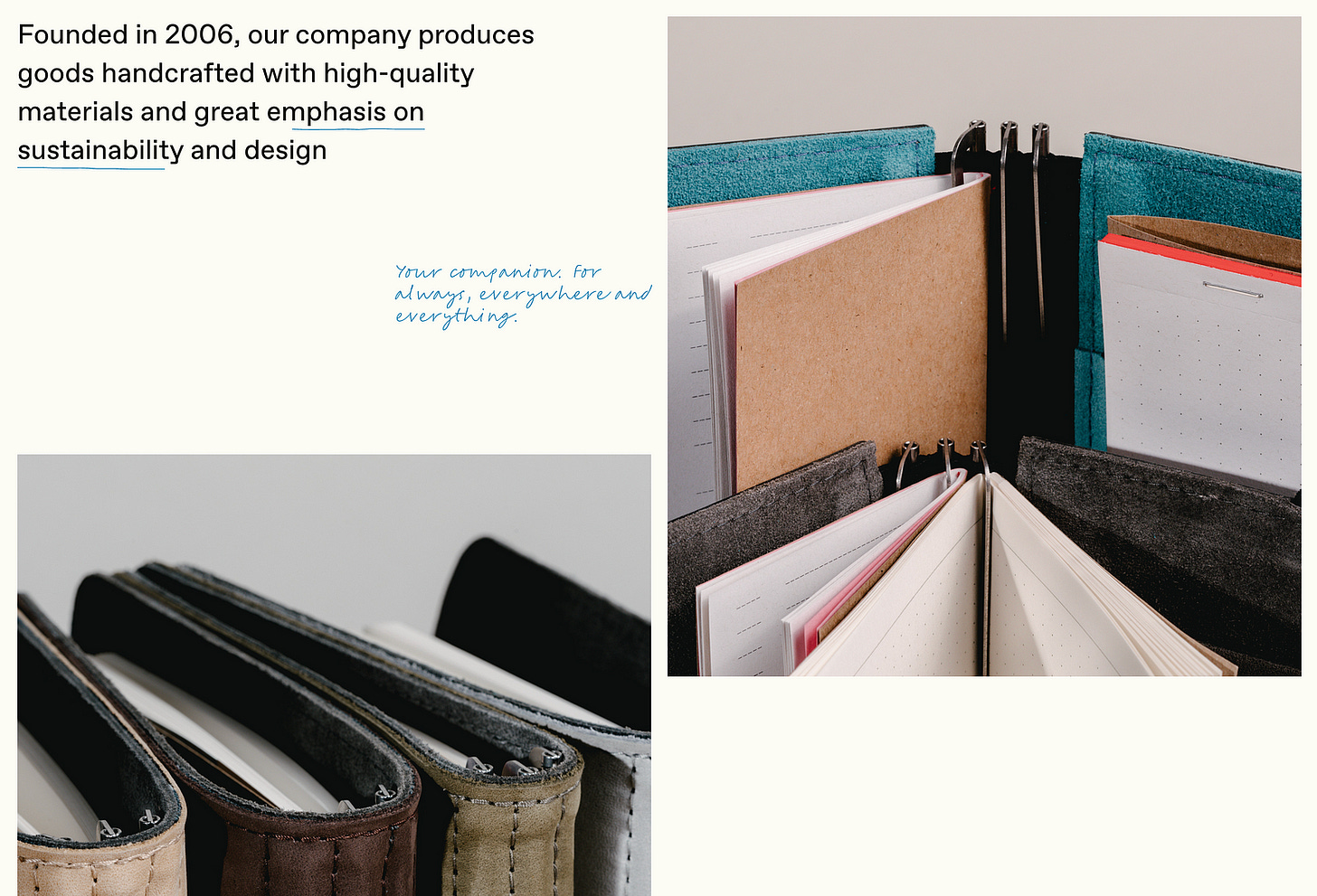Screenshot from the Roterfaden website, showing closeups of various notebook covers and the notebooks that go inside them. Text reads: Founded in 2006, our company produced goods handcrafted with high-quality materials and great emphasis on sustainability and design. Your companion, for always, everywhere and everything.