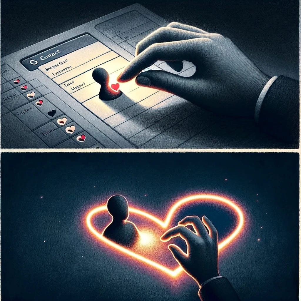 An artistic representation of the contrast between shallow and deep connections in relationships. The first part of the image depicts a person easily adding a contact to an electronic address book, symbolizing the simplicity of superficial connections. In stark contrast, the second part of the image shows the same person thoughtfully trying to fit a small, glowing heart into a larger heart-shaped space, representing the difficulty of forming a deep, emotional bond. This image captures the essence of the saying by visually contrasting the ease of superficial interactions with the challenge of developing meaningful relationships.