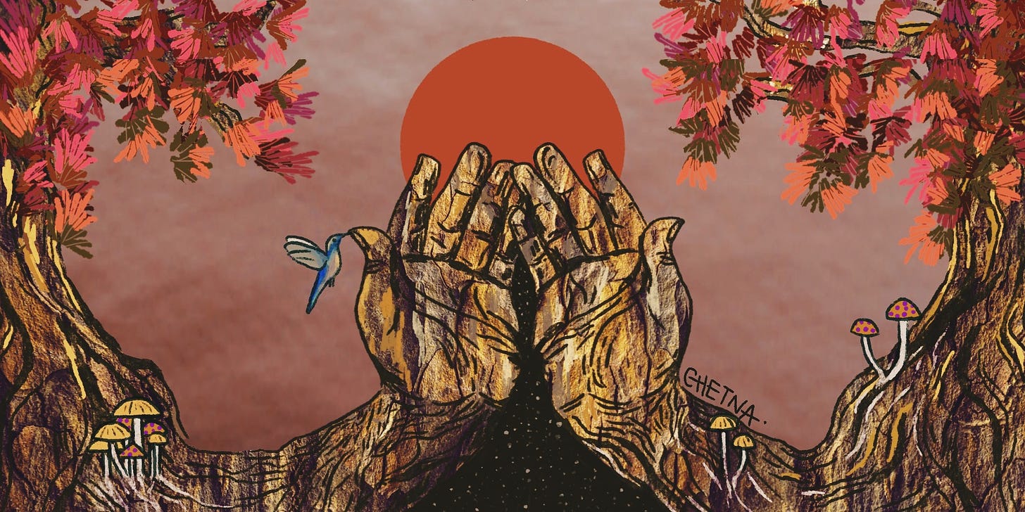 A collage painting of two trees that turn into two hands in the middle with a hummingbird hanging onto one of the thumbs of the hand, and a golden red sun in the background