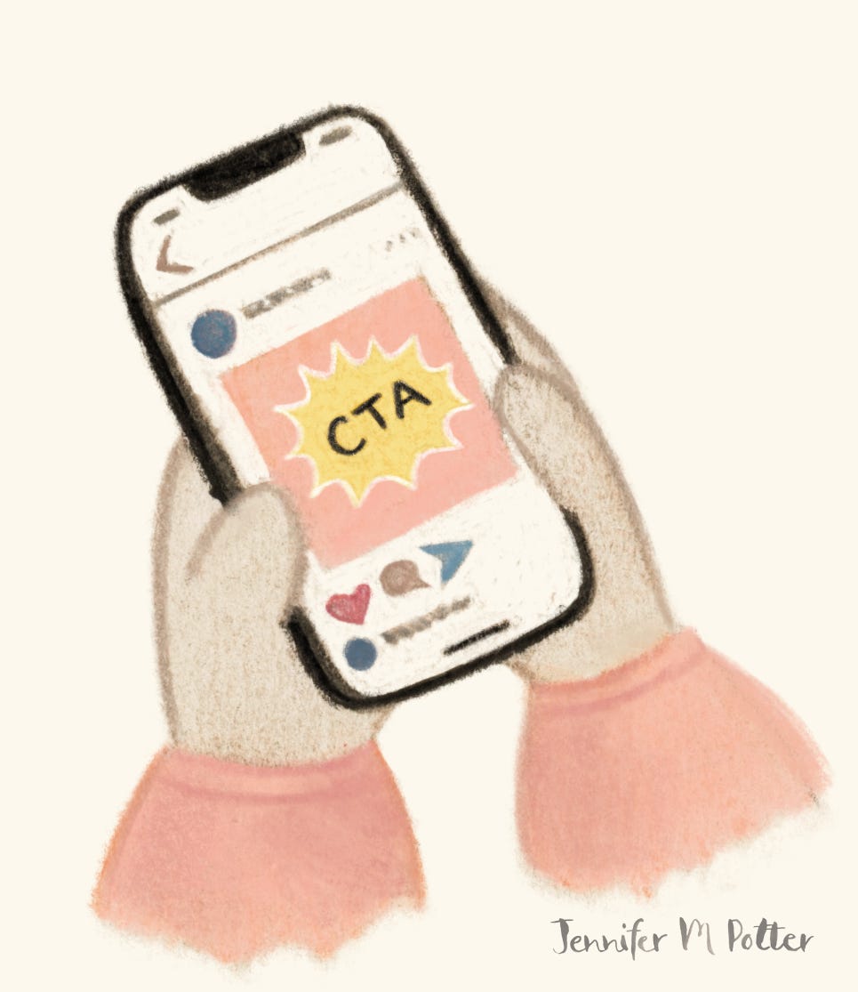 Illustration by Jennifer M Potter of a phone showing a CTA on an app