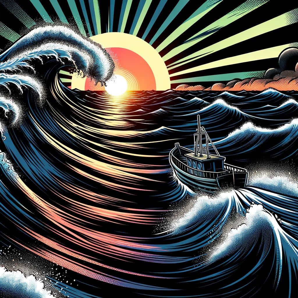 A comic book style illustration of a boat navigating through waves in darkness, with the sunlight beginning to break on the horizon, creating a dramatic contrast between the dark sea and the emerging light. The waves are depicted with dynamic, bold lines characteristic of comic book art, emphasizing the boat's struggle against the sea. The boat is detailed and sturdy, shown to be resilient against the challenging conditions. The emerging sunlight on the horizon is illustrated in vibrant colors, offering a sense of hope and new beginnings.
