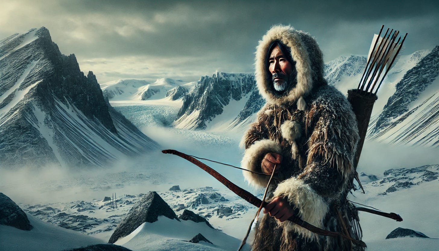 An Asian hunter-gatherer standing in a dramatic polar landscape. The figure is dressed in traditional fur-lined clothing suitable for extreme cold, carrying a handmade bow and a quiver of arrows. The environment is vast and icy, with towering glaciers, snow-covered mountains, and an overcast sky casting a moody atmosphere. The hunter's expression is focused, scanning the horizon for prey. The composition emphasizes the harsh beauty of the Arctic landscape and the resilience of the hunter. Wide aspect ratio.