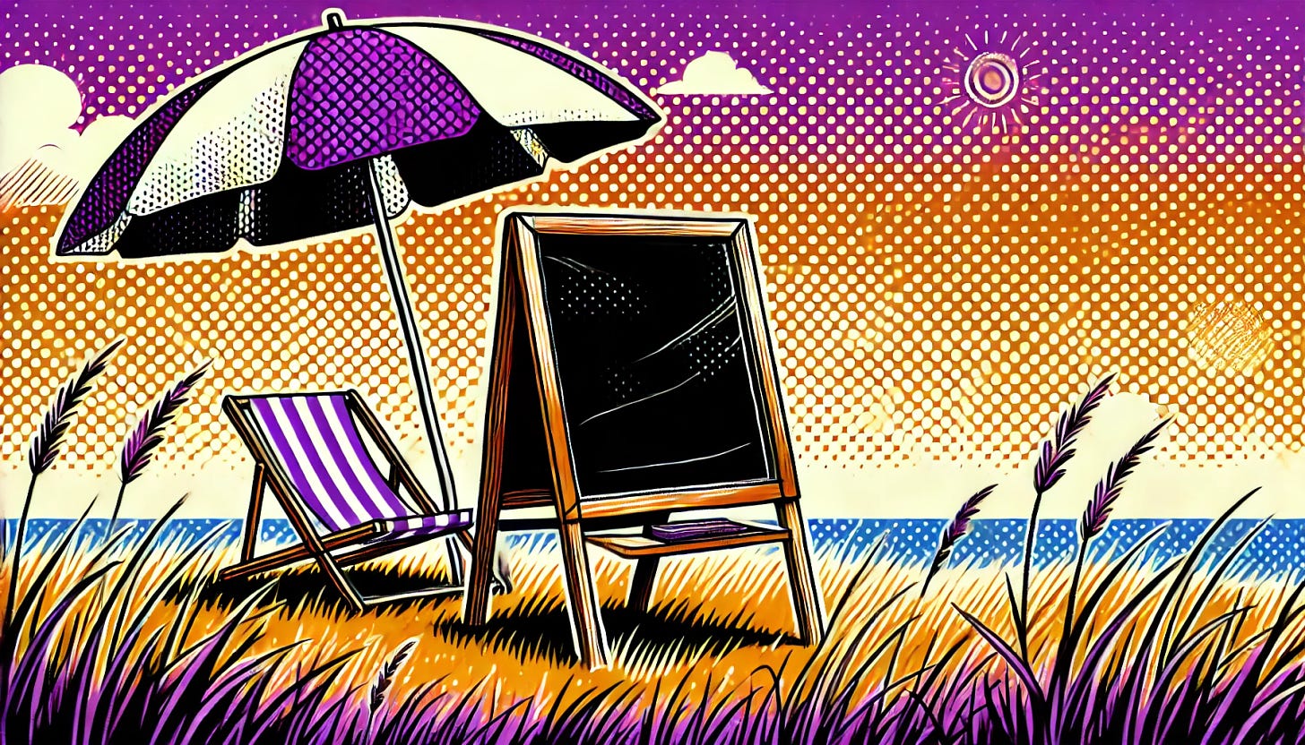 A pop art style illustration of a summer afternoon scene with a blackboard set up on a grassy field. The color palette is restricted to bright purple, bright orange, black, and white, with a white background. The blackboard is empty, and the scene captures the warm and relaxed atmosphere of a summer afternoon. The design features bold lines, halftone dots, and dynamic elements typical of pop art, emphasizing the simplicity and tranquility of the setting.