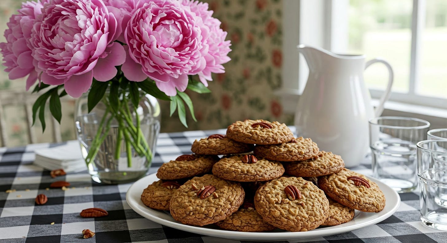 Photo of pecan oatmeal cookies on table with peonies in a vase.
