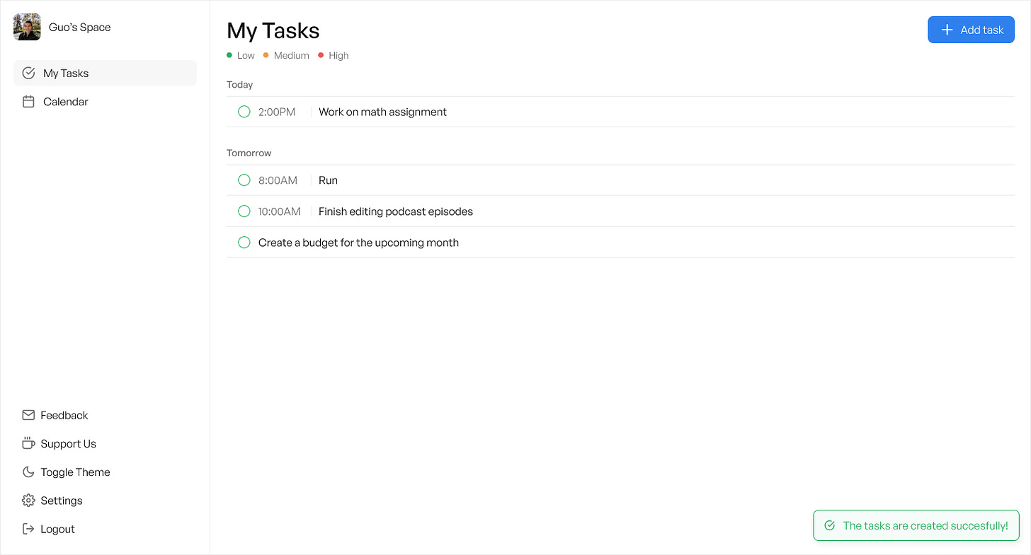 A task management tool sectioned by time