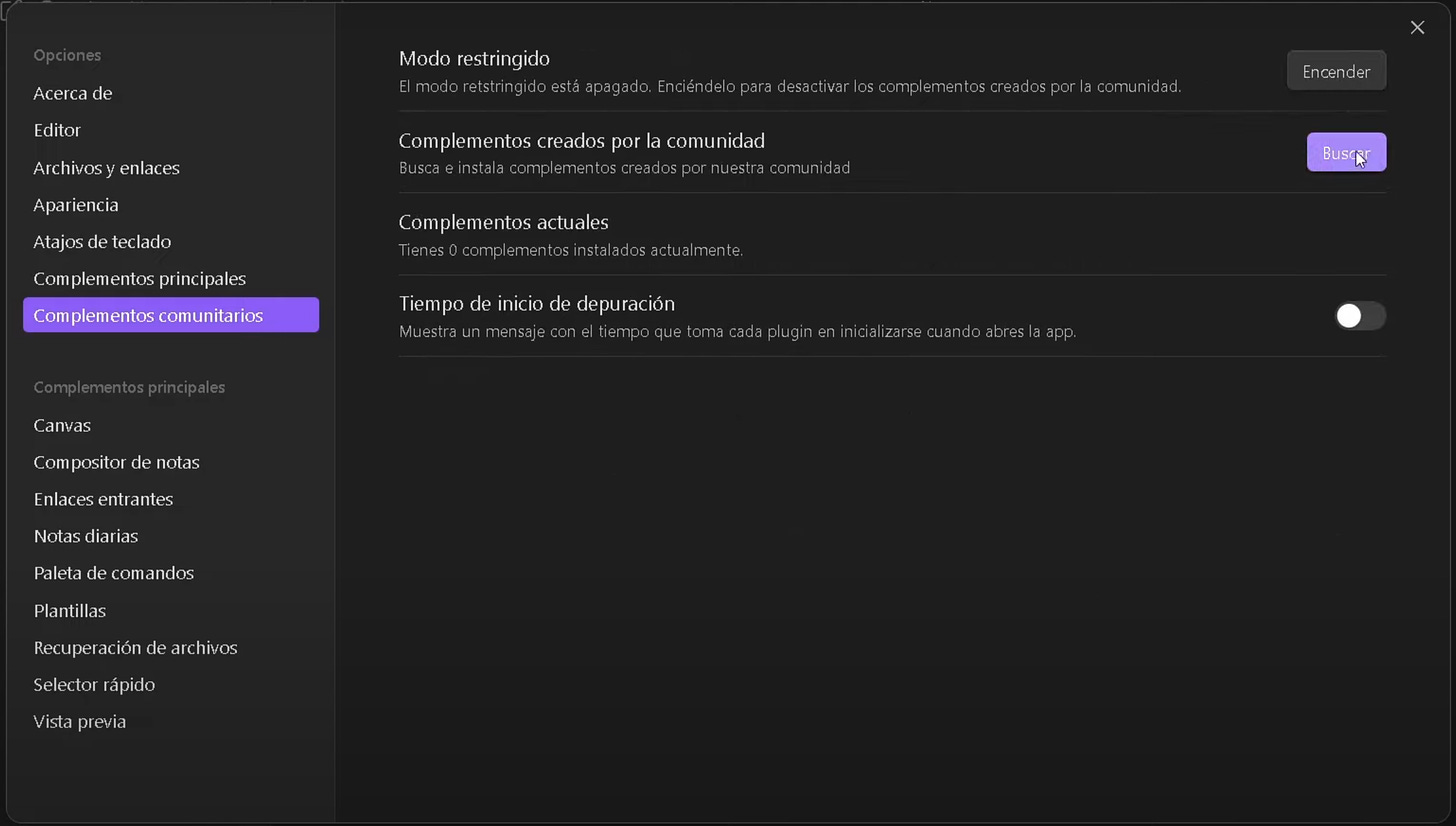 Seccion de plugins comunitarios de obsidian activados