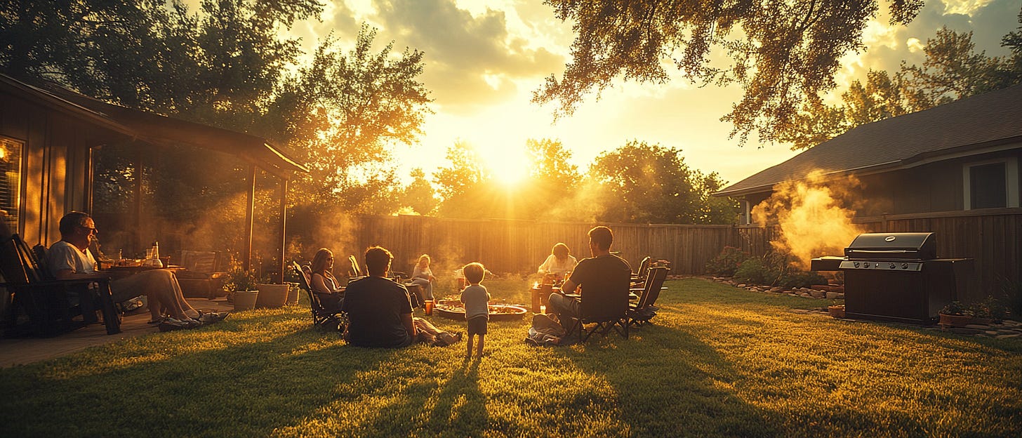 A warm backyard scene at sunset with a family gathered around a fire pit, enjoying a relaxed summer evening. Smoke rises from a grill as golden light filters through trees, casting long shadows on the grass.