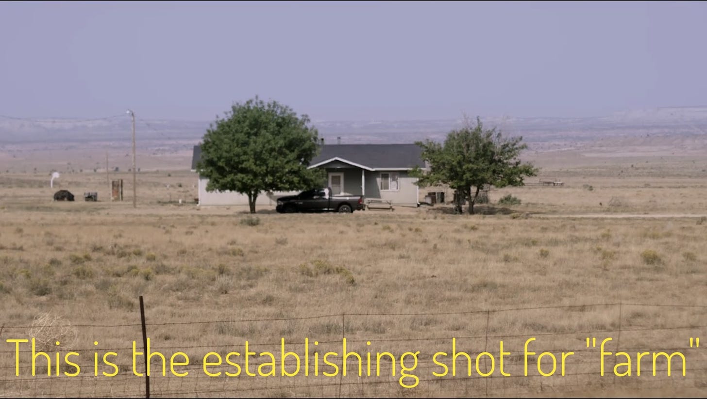 A small ranch house in a desolate scrubby landscape, captioned "This is the establishing shot for 'farm'"