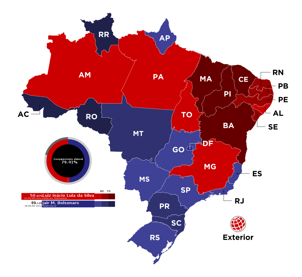 Resultados eleitorais no segundo turno por unidade federativa. Lula ganhou nos treze estados em vermelho, e Jair Bolsonaro, nos quatorze estados em azul e no DF.