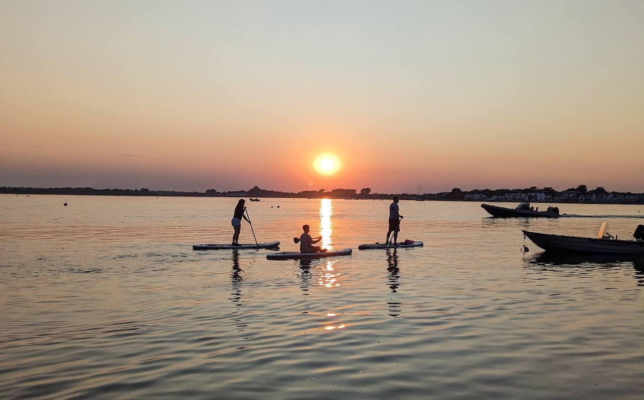 A still evening harbour with 2 adults standing up on paddle boards, and one child sitting on a board in between them.