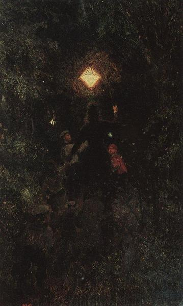 A painting, lantern prominent, three figures you can just make out in the dark background. Walk with lantern by Ilya Repin, 1879