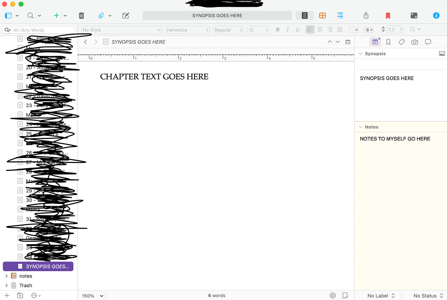 A sample screen in the program Scrivener, showing where the chapter synopsis could go