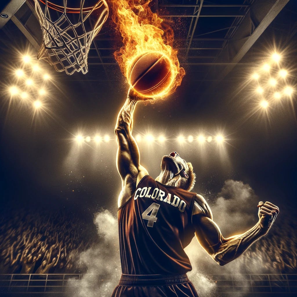 An epic scene of a muscular basketball player mid-dunk with a flaming basketball, the intensity of the moment captured as his muscles are flexed and the stadium lights blaze brightly above. The crowd fades into darkness, focusing all attention on the player whose jersey proudly displays "Colorado". This powerful image encapsulates the peak moment of sports achievement, with dynamic lighting emphasizing the athlete's focus and the ball's fiery trail.