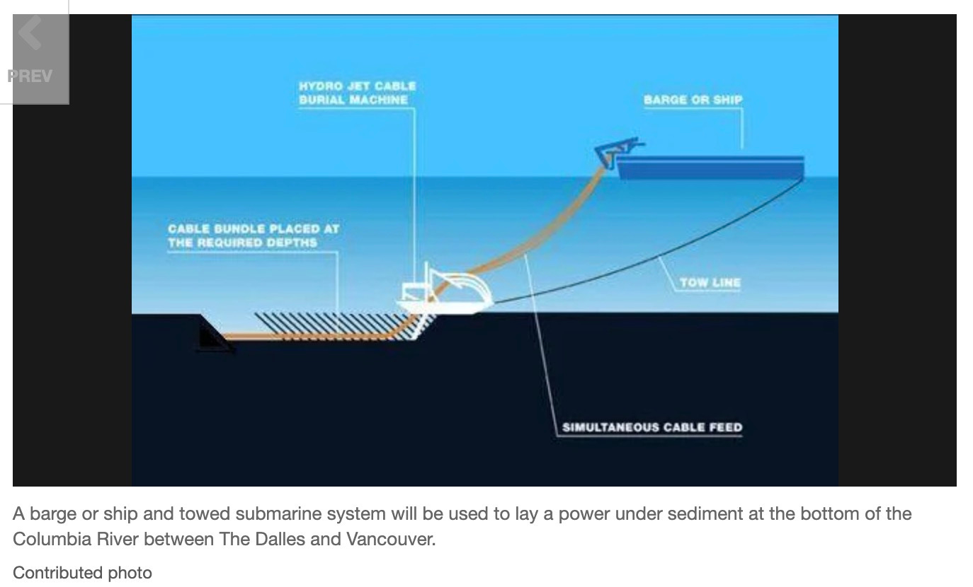 A barge or ship and towed submarine system will be used to lay a power under sediment at the bottom of the Columbia River between The Dalles and Vancouver.  Contributed photo