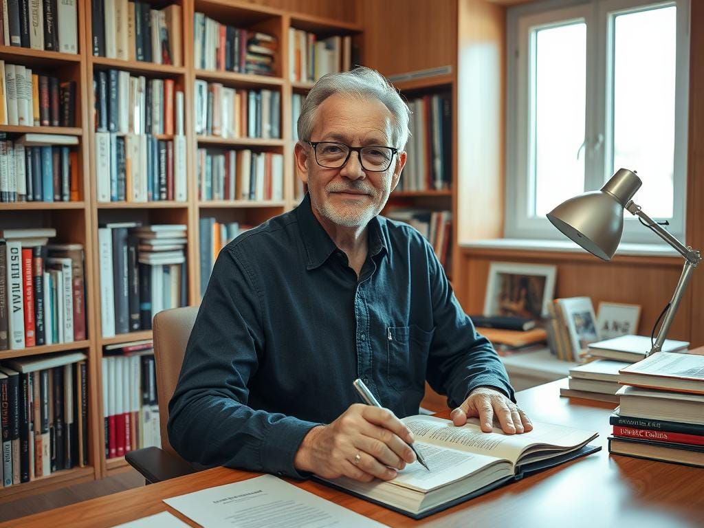 Elderly man with glasses sits at a desk in a library and writes in a book