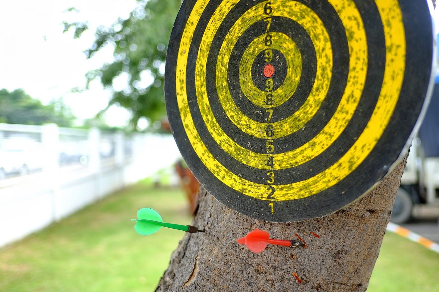 Dartboard,On,A,Tree,Background.the,Arrows,Miss,Target.