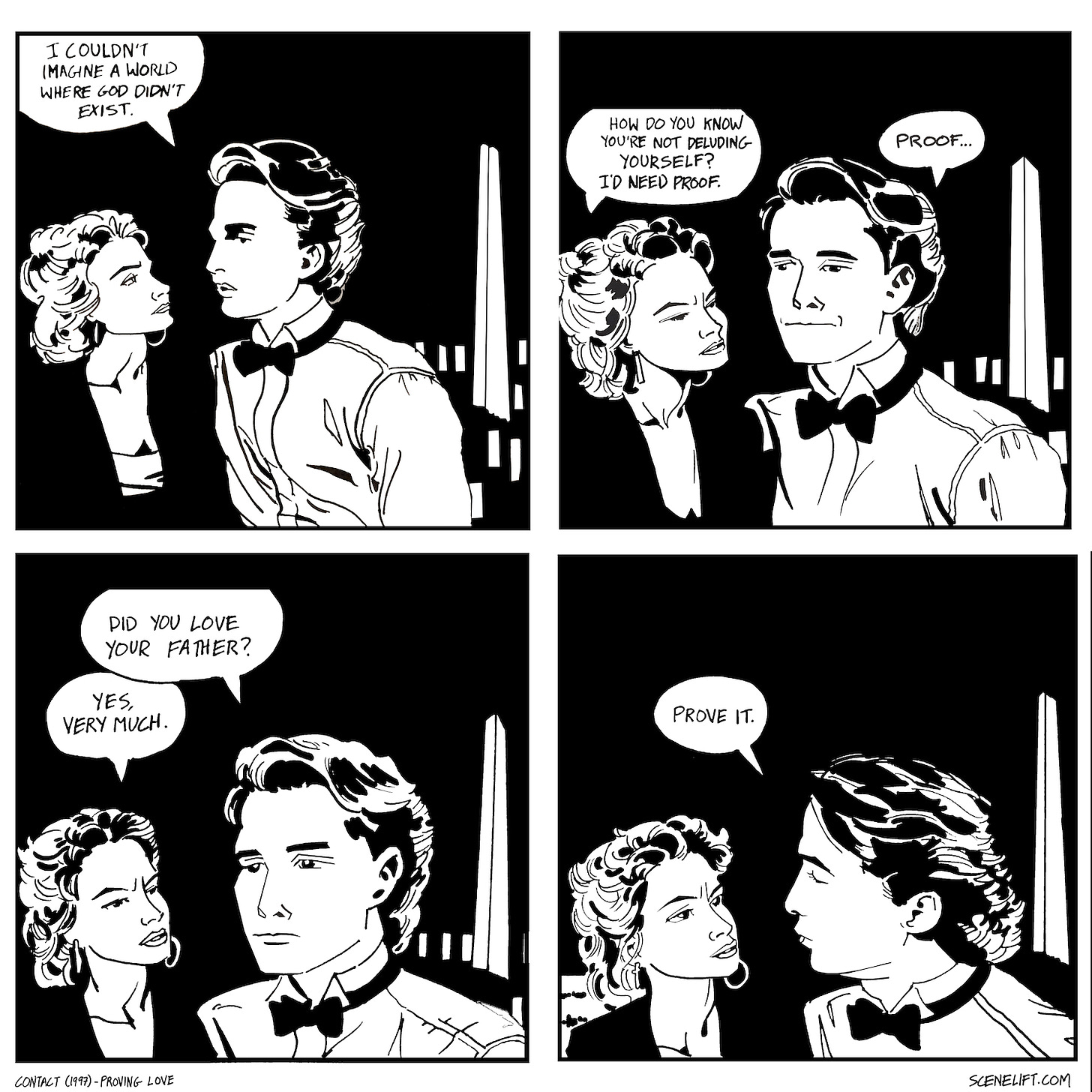 Fan art comic of Ellie and Palmer Joss talking about Occam's Razor outside the banquet in Washington in the movie Contact