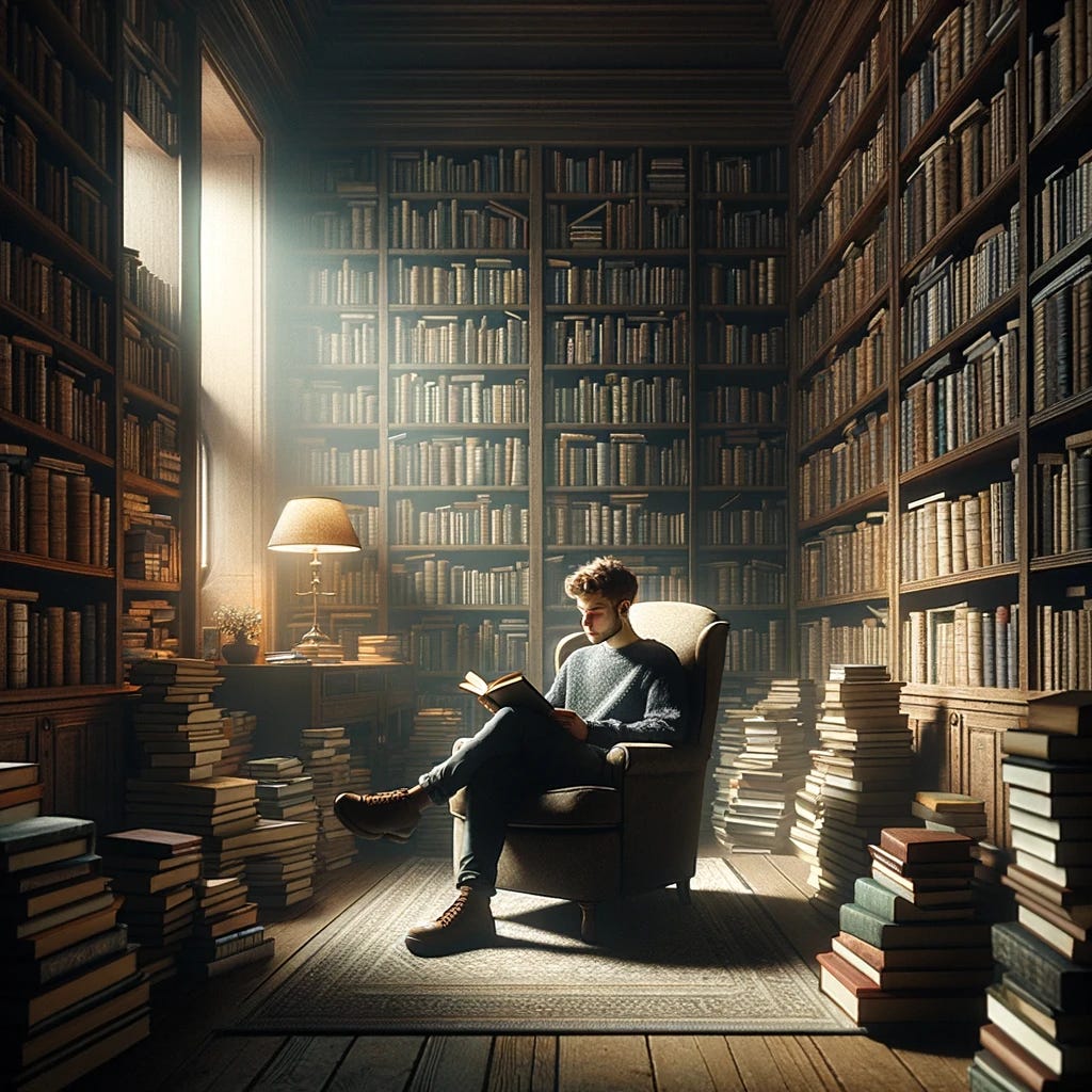 Imagine a cozy, dimly lit room filled with towering bookshelves packed with an array of books. In the center, a young man is seated comfortably in an overstuffed chair, his posture relaxed yet engrossed in an open book. The room exudes a timeless atmosphere, suggesting the young man has been reading here for years, surrounded by the wisdom of ages. Soft light from a nearby lamp highlights the man's focused expression, casting gentle shadows across the room and adding to the ambiance of a personal sanctuary dedicated to the love of reading.