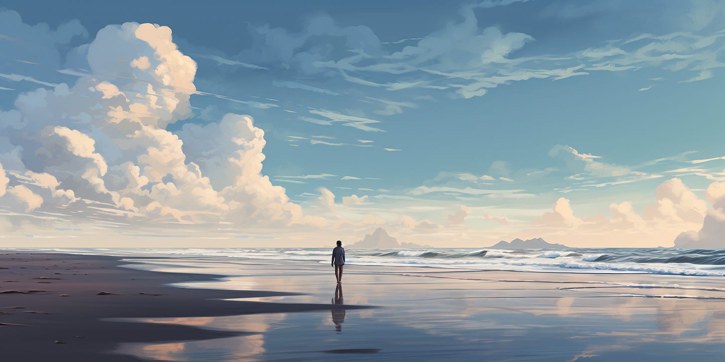 A vista of a flat, wet beach reflecting a blue-grey cloudy sky. A small silhouette walks along the beach.