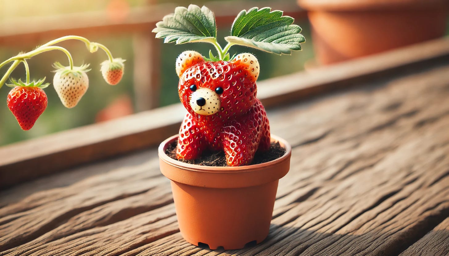 A strawberry in the shape of a grizzly bear growing in a pot. The strawberry has natural textures like seeds and leaves, but its overall form resembles a grizzly bear standing on its hind legs, with small leafy arms and a rounded head. The pot is simple, terracotta-colored, with soil around the base of the strawberry. The setting is a sunny day, with soft shadows and a warm, natural background, like a garden or outdoor space. The bear-like strawberry should be both whimsical and realistic in its form.