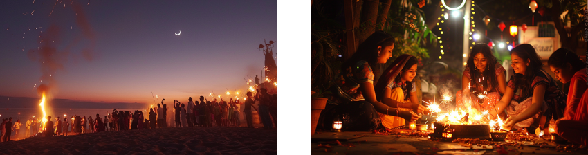 The image is divided into two parts. On the left side, a group of people celebrate with fireworks on a beach under a crescent moon during twilight, capturing a festive and communal atmosphere. On the right side, a group of women and children gather around, lighting sparklers and small lamps in a night setting adorned with hanging lanterns, evoking a sense of joy and togetherness in a traditional celebration.