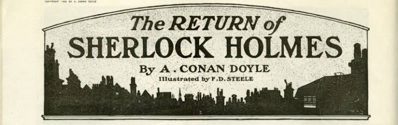 a city skyscape with the words 'The Return of Sherlock Holmes by A. Conan Doyle Illustrated by F. D. Steele'