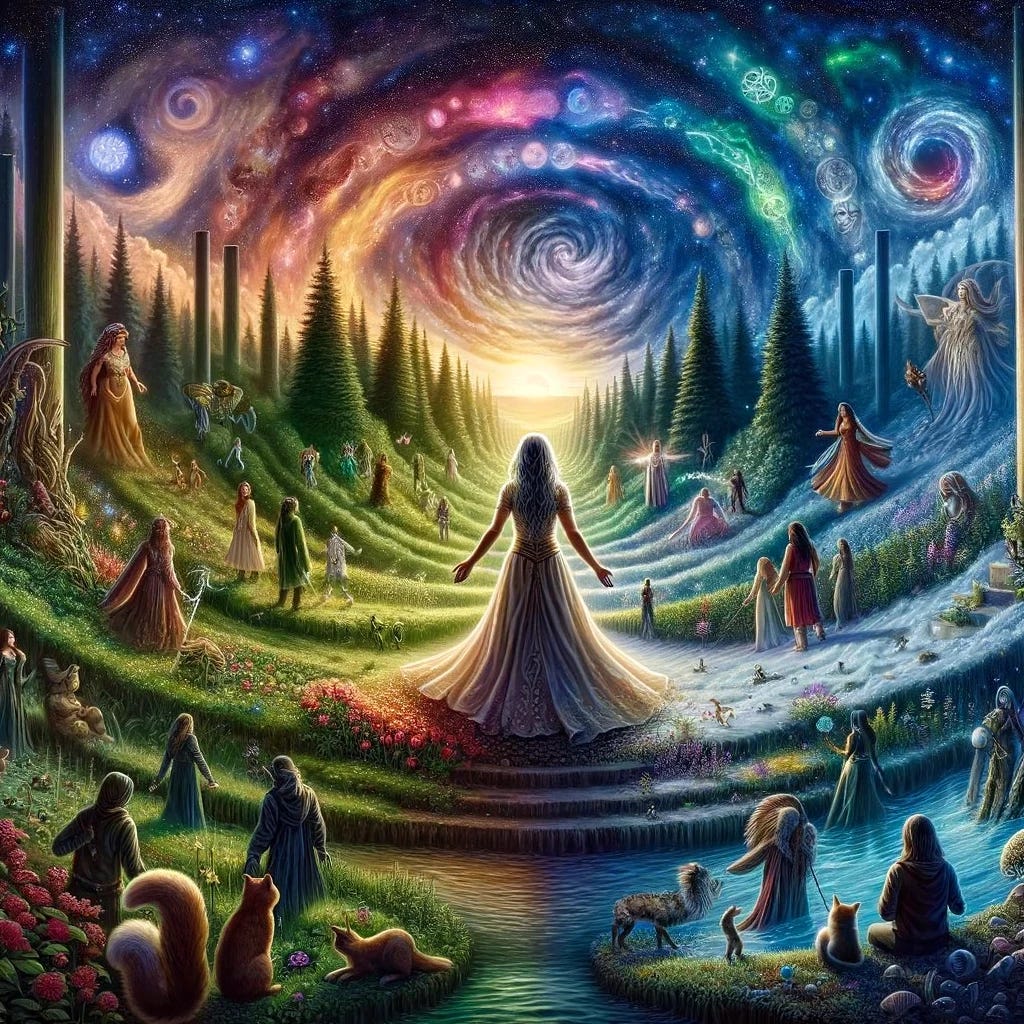 Envision The Wounded Dreamer standing in the center of a clearing, where all paths of Mirrormere converge. This panoramic scene captures moments from her journey, blending them into a cohesive whole that illustrates her evolution. Around her, the landscape transitions seamlessly from the dense, mysterious forests where her journey began, through the vibrant gardens symbolizing her growth and contributions, to the serene glades reflecting her introspection and healing. She stands tall and radiant, a beacon of resilience and hope. Her arms are open wide, embracing the world around her, symbolizing her acceptance and integration of all aspects of her being. The myriad creatures and characters she has encountered on her journey gather around, celebrating her transformation and the light she brings to their world. In the sky above, a kaleidoscope of stars and nebulae form patterns that echo the symbols and themes of her story, signifying her deep connection with the cosmos and the universal nature of her journey. This final image captures the culmination of The Wounded Dreamer's saga, reflecting on the richness of her experiences and the indelible mark she leaves on the world and herself.