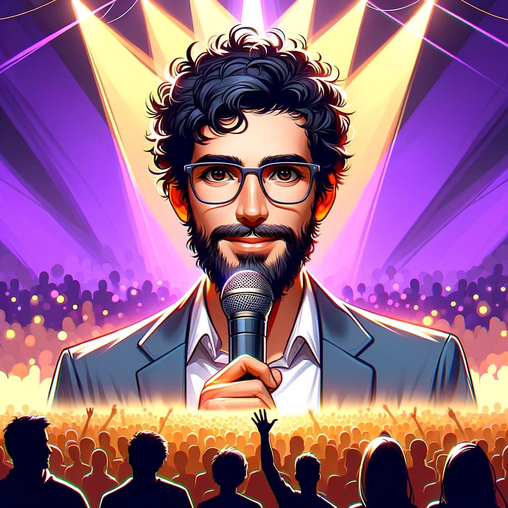 Illustrate a 2D image of the man with curly black hair, a short beard, glasses, and dark brown eyes, consistent with the previous artistic style, standing on a stage speaking to a huge audience. The background is designed with a dynamic blend of purple and yellow, creating an engaging and energetic atmosphere. The man is depicted confidently addressing the crowd, with a microphone in hand. The audience, though not in detailed focus, is implied through the use of blurred shapes and lights in front of him, suggesting their presence and attention. The overall scene captures the moment of public speaking, highlighting the man's charisma and the vibrant setting.