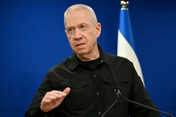 Israel's Defense Minister Yoav Gallant speaks during a joint press conference with U.S. secretary of defense, in Tel Aviv, Israel, on Dec. 18, 2023. (Alberto Pizzoli/AFP via Getty Images)