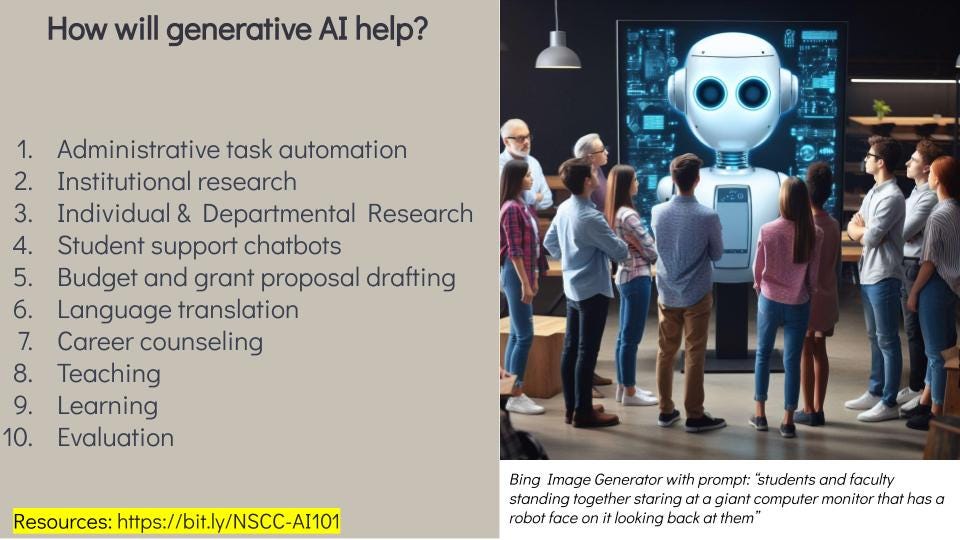 A slide from the slide deck with the outline for this section along with an AI-generated image of a bunch of adult students staring at a large monitor that has a robot head looking back at them.