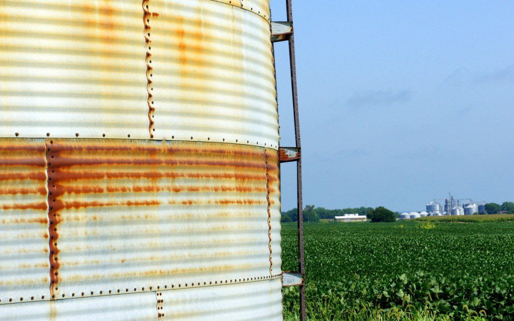 Corn fields and a rusty silo to hold the bounty.