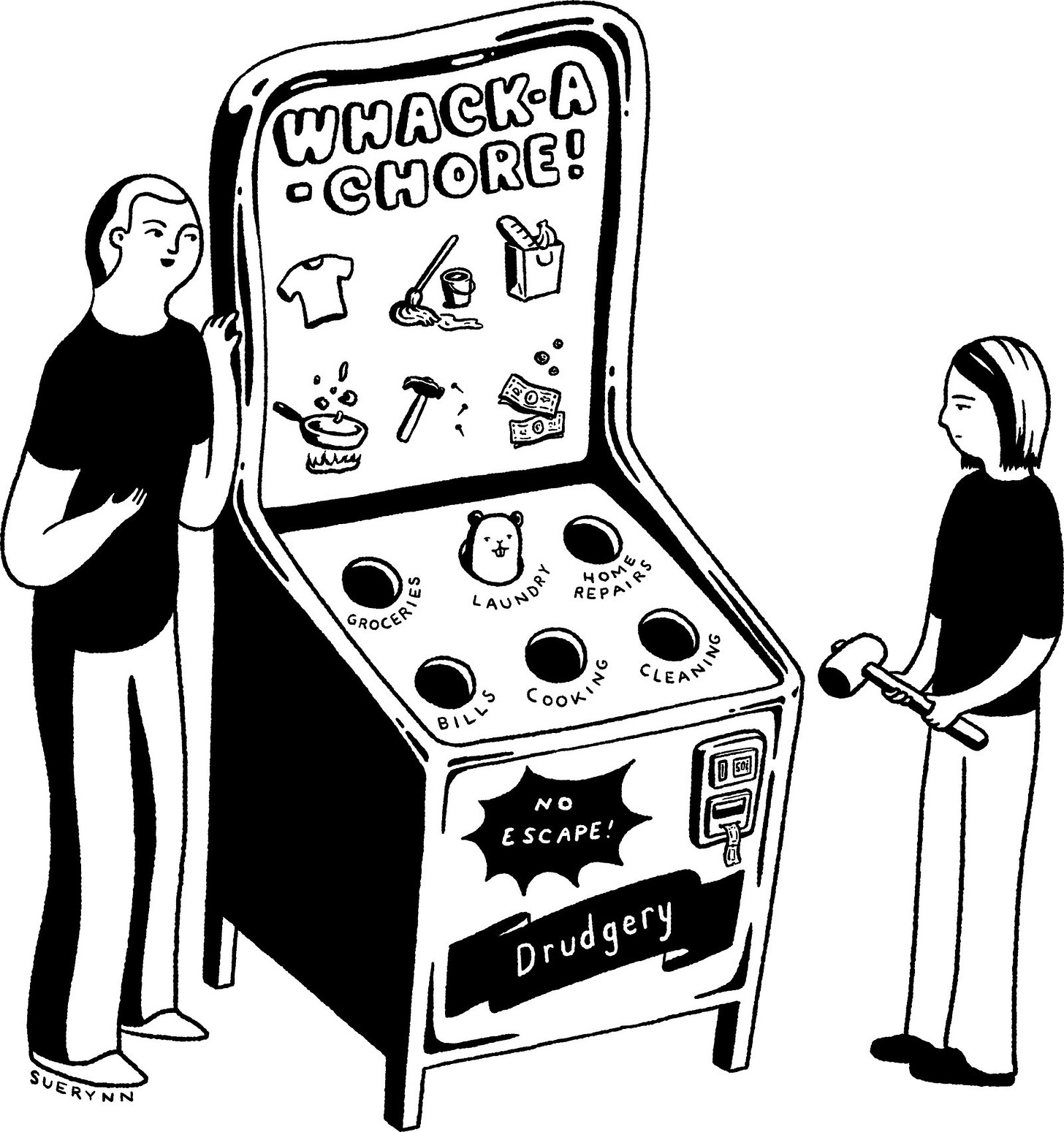 Man showing woman how to play a whackamolestyle game called WhackAChore.