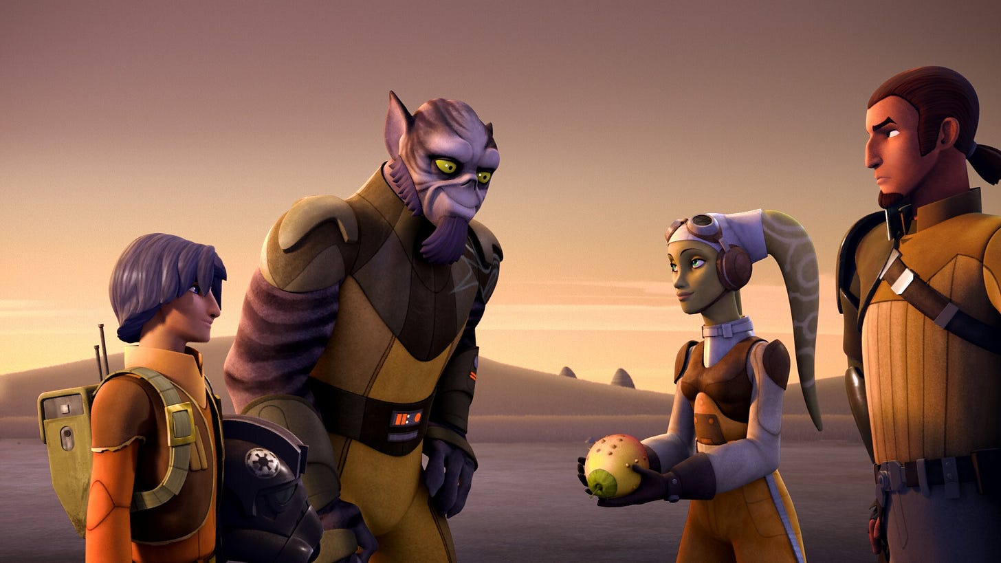 The shopping ordeal complete, Zeb and Ezra return -- with a meiloorun. They tell Kanan and Hera that they crashed the TIE fighter on purpose, and joyfully head back inside the Ghost, eager to relax in their room...