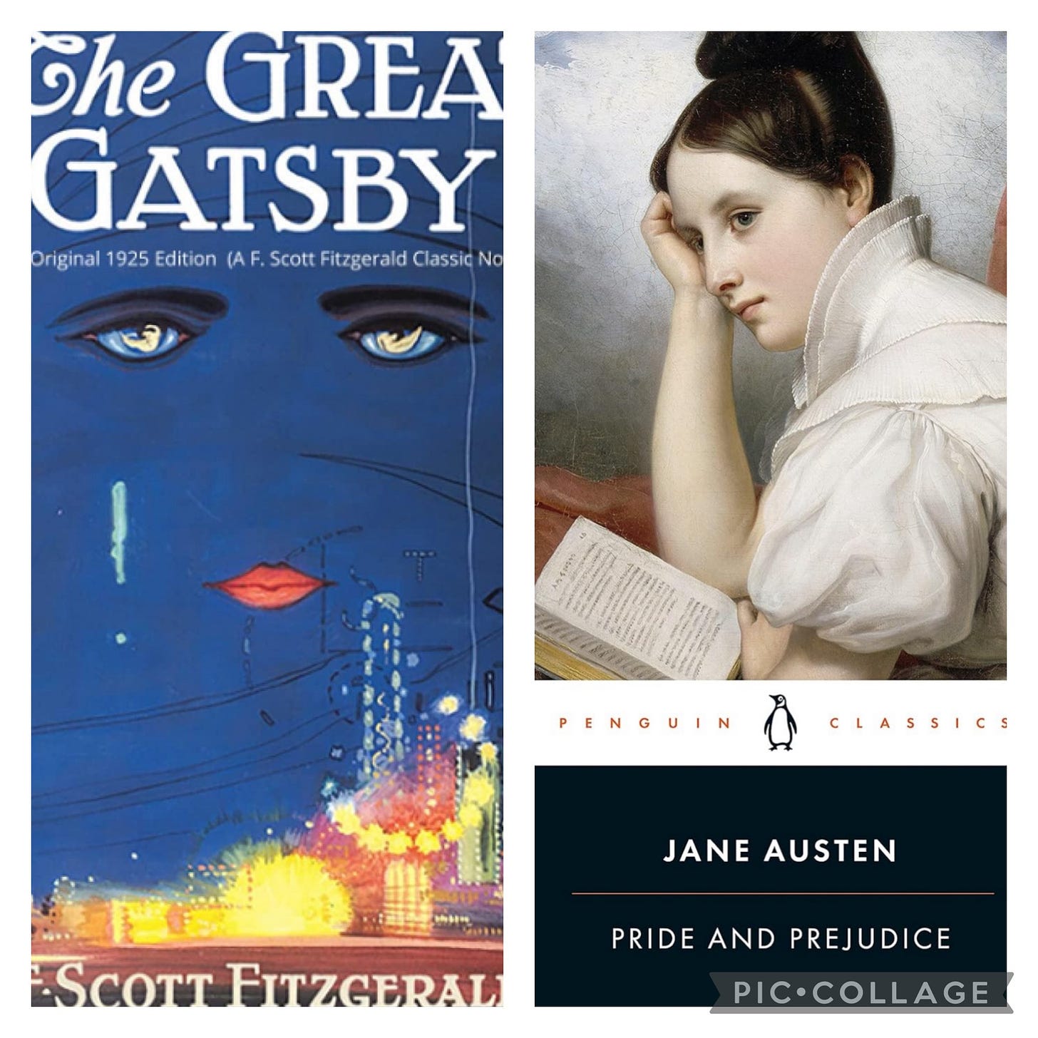 Image of the cover of The Great Gatsby next to the cover of Pride and Prejudice