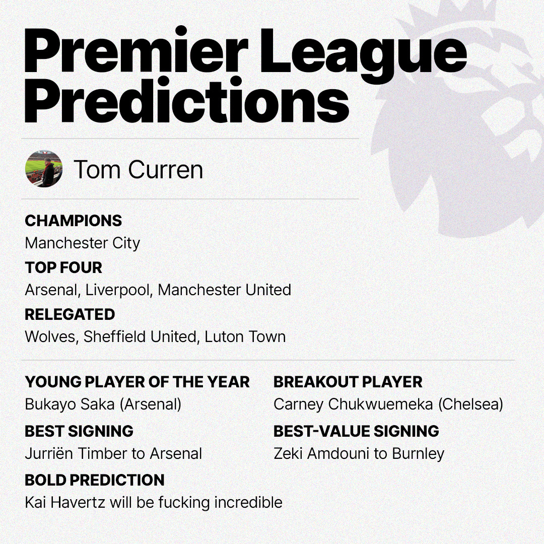 A graphic featuring Tom Curren's predictions for the 2023/24 Premier League season