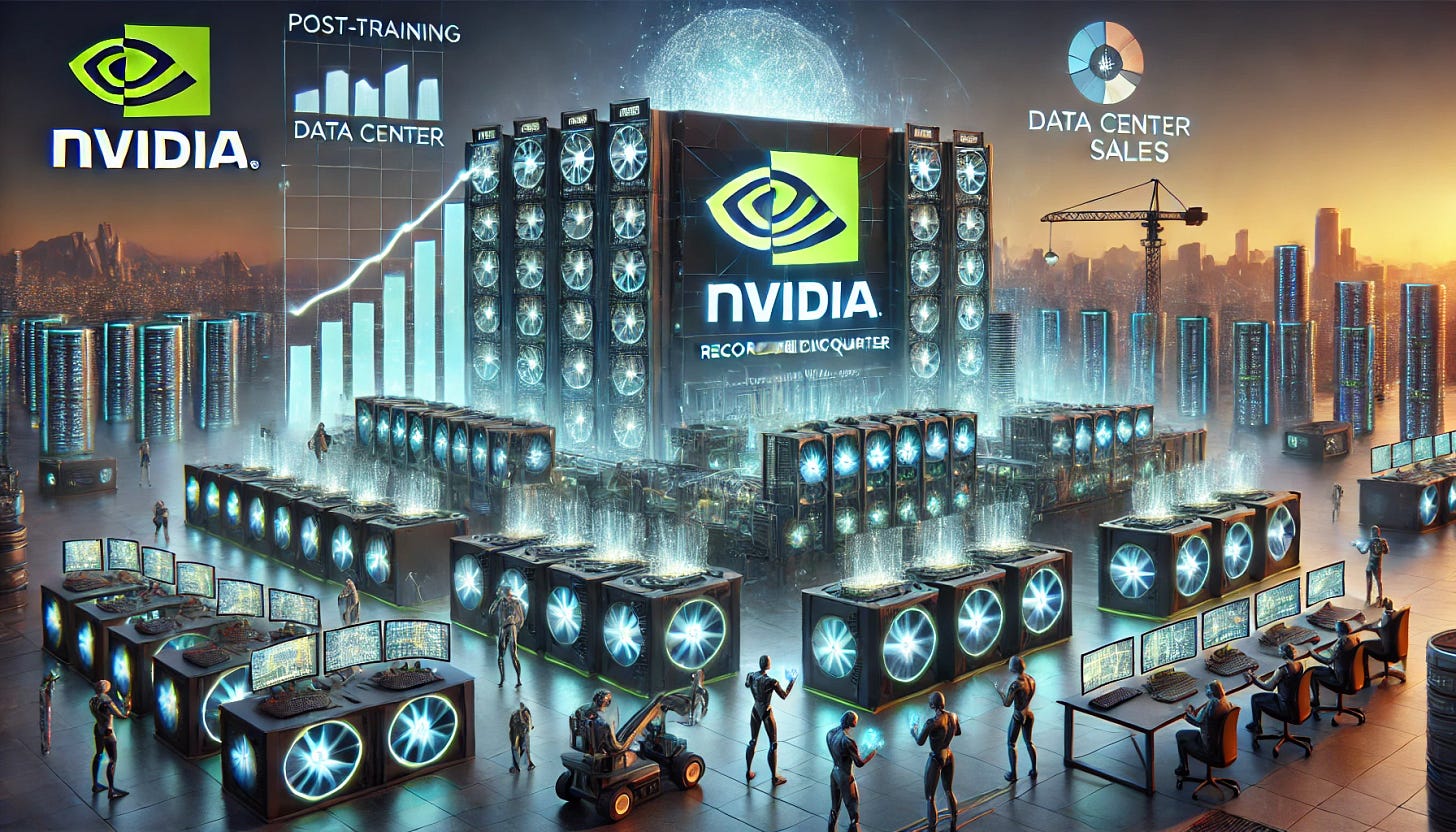 A 16:9 futuristic illustration showcasing NVIDIA’s record-breaking quarter fueled by the Blackwell architecture. The scene features a high-tech NVIDIA-branded data center with glowing Blackwell GPUs processing massive AI workloads. Holographic financial charts display soaring revenue and data center sales. Energy streams flow between AI servers, symbolizing the blistering demand for AI compute. Engineers and robotic systems oversee AI training, post-training, and advanced inference models. The background includes a futuristic city skyline, emphasizing NVIDIA’s dominance in next-generation AI infrastructure.