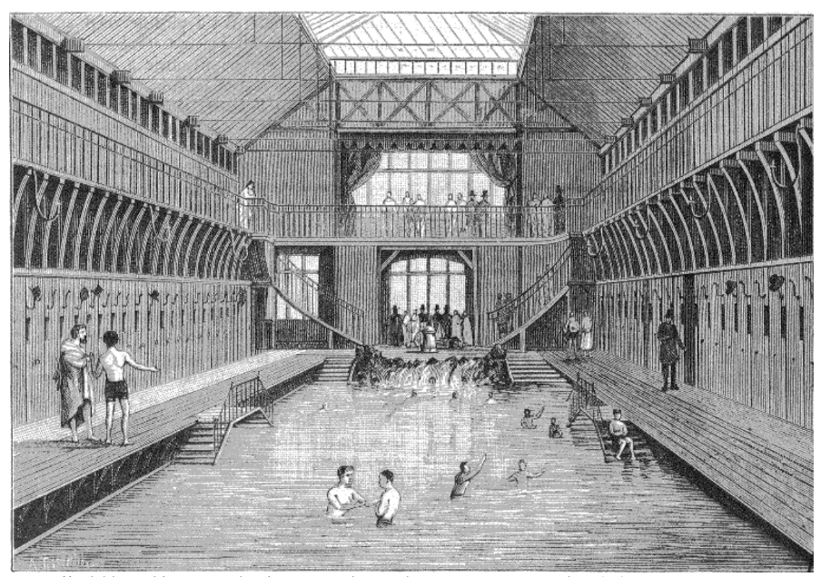 Public bathhouse in France with men swimming in trunks