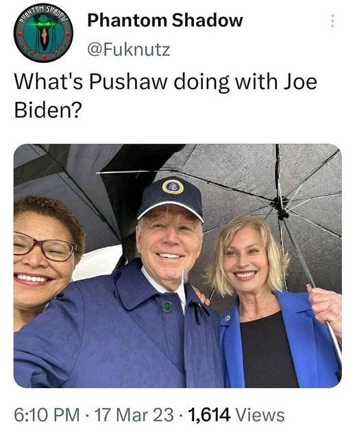 May be an image of 2 people and text that says '6:56 4G 73% Tweet Phantom Shadow @Fuknutz What's Pushaw doing with Joe Biden? 6:10 PM 17 Mar 23 1,614 Views 37 Retweets 4 Quotes 39 Likes John Tomlin @3... 20m Tweet your reply'