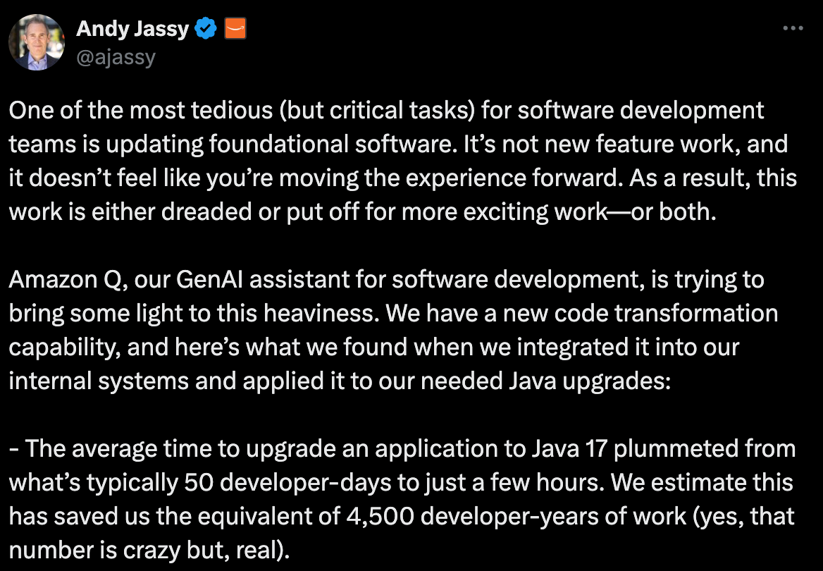 Andy Jassy, CEO of Amazon, noted that AI-assisted code transformation has saved considerable developer time and resources.