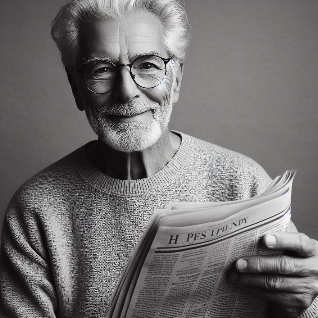 Black and white portrait of white aging man with gray hair, beard and mustache. He's wearing glasses and a sweater...