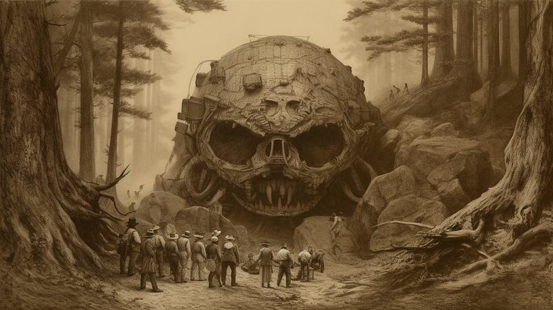 Surreal sepia press photograph set in 1850, a futuristic giant evangelion-mecha head buried in the foreground, surrounded by settler men trying to unearth it wearing 1800s bushman clothing and hats, the setting is a rocky and rugged forest, hazy in the distance — ar 16:9 — stylize 1000 — v 6 Surreal sepia press photograph set in 1850, a futuristic giant evangelion-mecha head buried in the foreground, surrounded by settler men trying to unearth it wearing 1800s bushman clothing and hats, the setting is a rocky and rugged forest, hazy in the distance — ar 16:9 — stylize 1000 — v 6