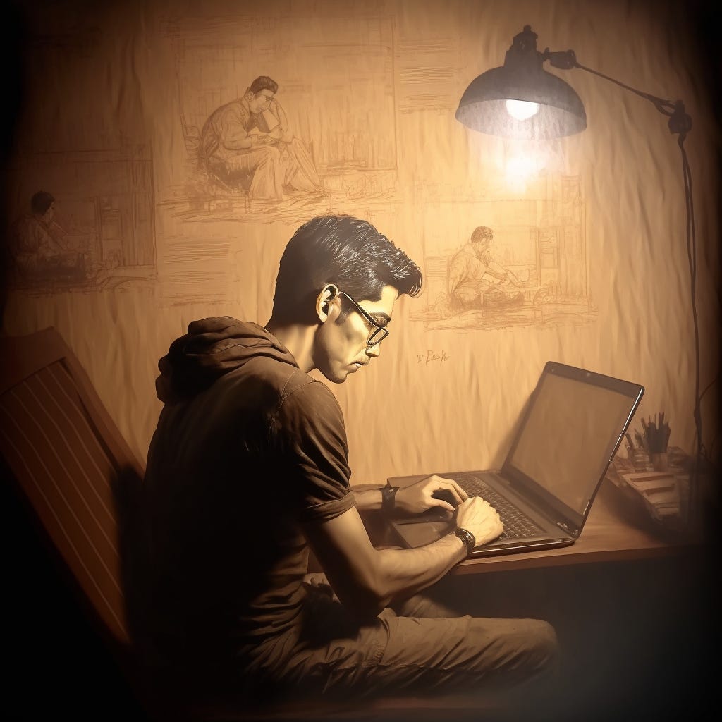 sketch in leonardo vinci time , guy with specs, laptop, drmatic lighting , detailed background , sitting posture