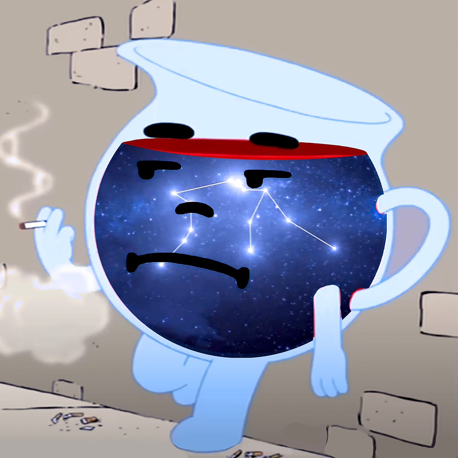 An anthropomorphic cartoon glass pitcher leans against a brick wall while smoking a cigarette. His insides show a meniscus of red liquid and his body is filled with a starry blue sky that depicts the constellation of Aquarius. His iconic smile is more of a frown in this pose and cigarette butts litter the sidewalk below his relaxed lean.