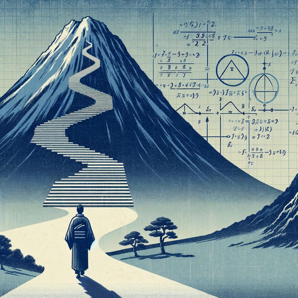 Visualize a scene in the restrained color palette and style of a traditional Japanese woodblock print, reminiscent of the works of Hokusai or Hiroshige. An individual stands thoughtfully at the base of a towering mountain, represented in shades of indigo and grey, symbolizing a more traditional aesthetic. The path up the mountain is marked by mathematical symbols and equations, subtly integrated into the landscape, to represent the search algorithm guiding the individual's journey. This blending of ancient art form with the concept of modern algorithms creates a compelling narrative of tradition meeting technology. The image emphasizes simplicity, tradition, and the intellectual pursuit of navigating through challenges, all within a serene and historical Japanese setting.