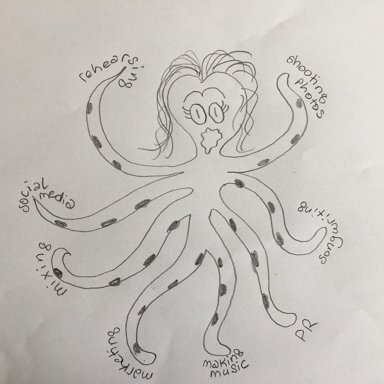 illustration white octopus tentacles rehearsing social media mixing marketing making music PR songwriting photos octopus shock