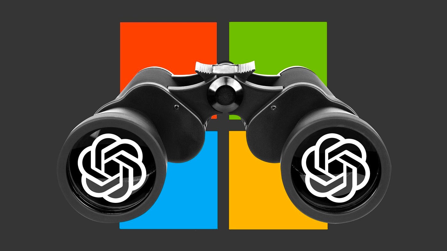 Illustration of the Microsoft logo with binoculars viewing the OpenAI logo