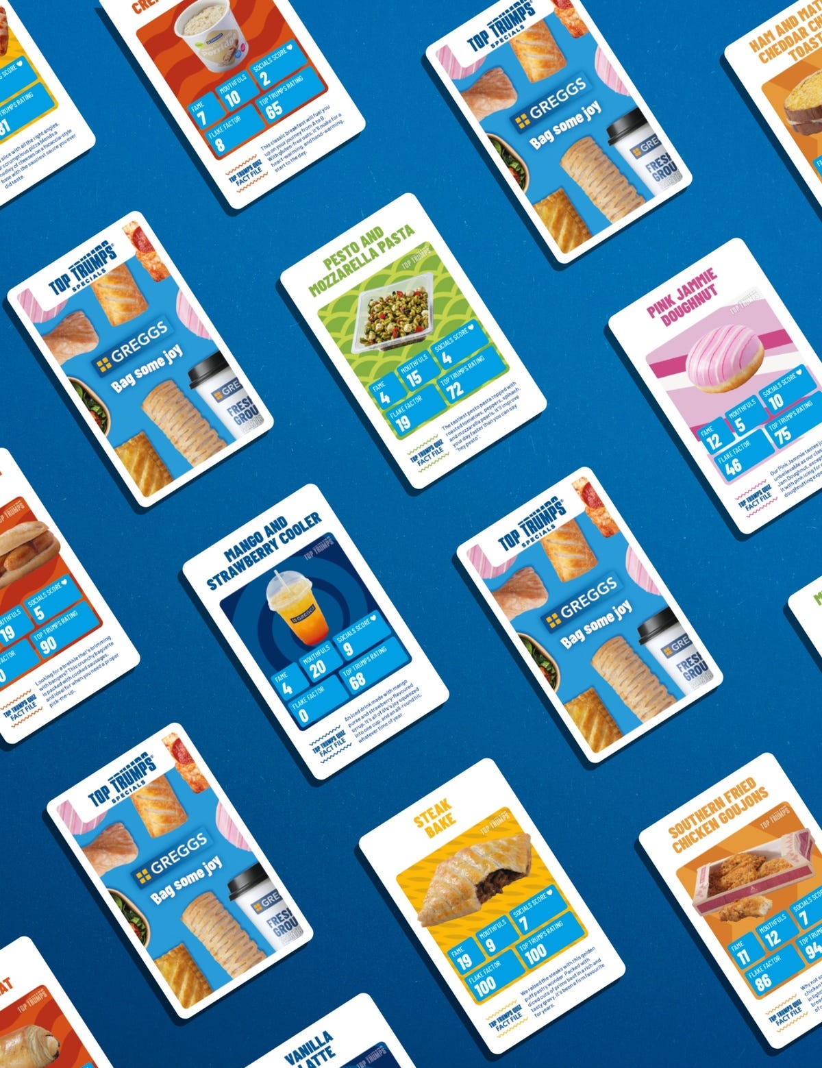 Top Trumps cards with a variety of pictures and scores on a dark blue background